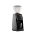 Three-quarter right view of the black Baratza Encore ESP coffee grinder with clear bean hopper and included dosing cup, displayed against a white background.
