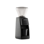 Three-quarter right view of the black Baratza Encore ESP coffee grinder with clear bean hopper and included dosing cup, displayed against a white background.