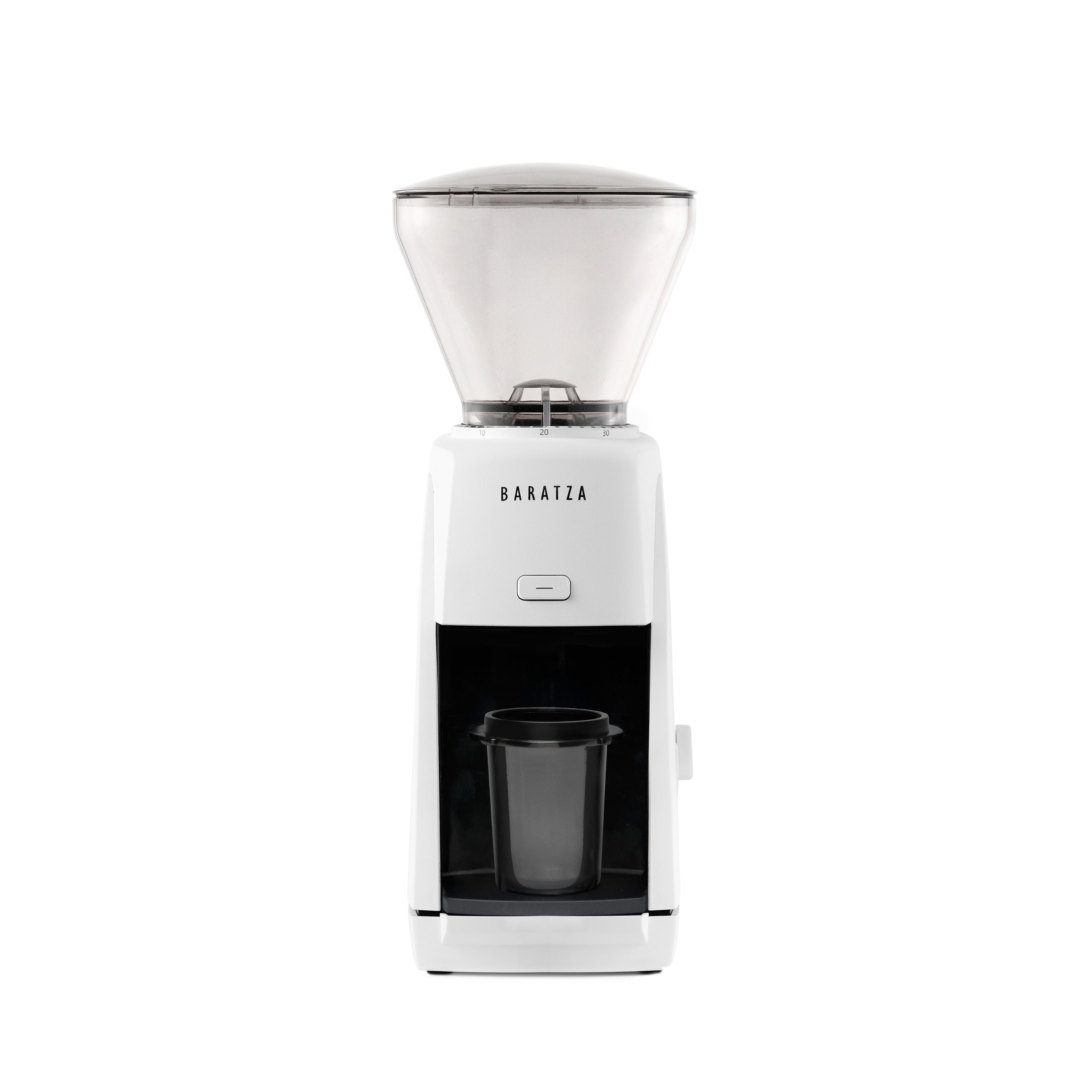 Front view of the white Baratza Encore ESP coffee grinder with clear bean hopper and included dosing cup, displayed against a white background.