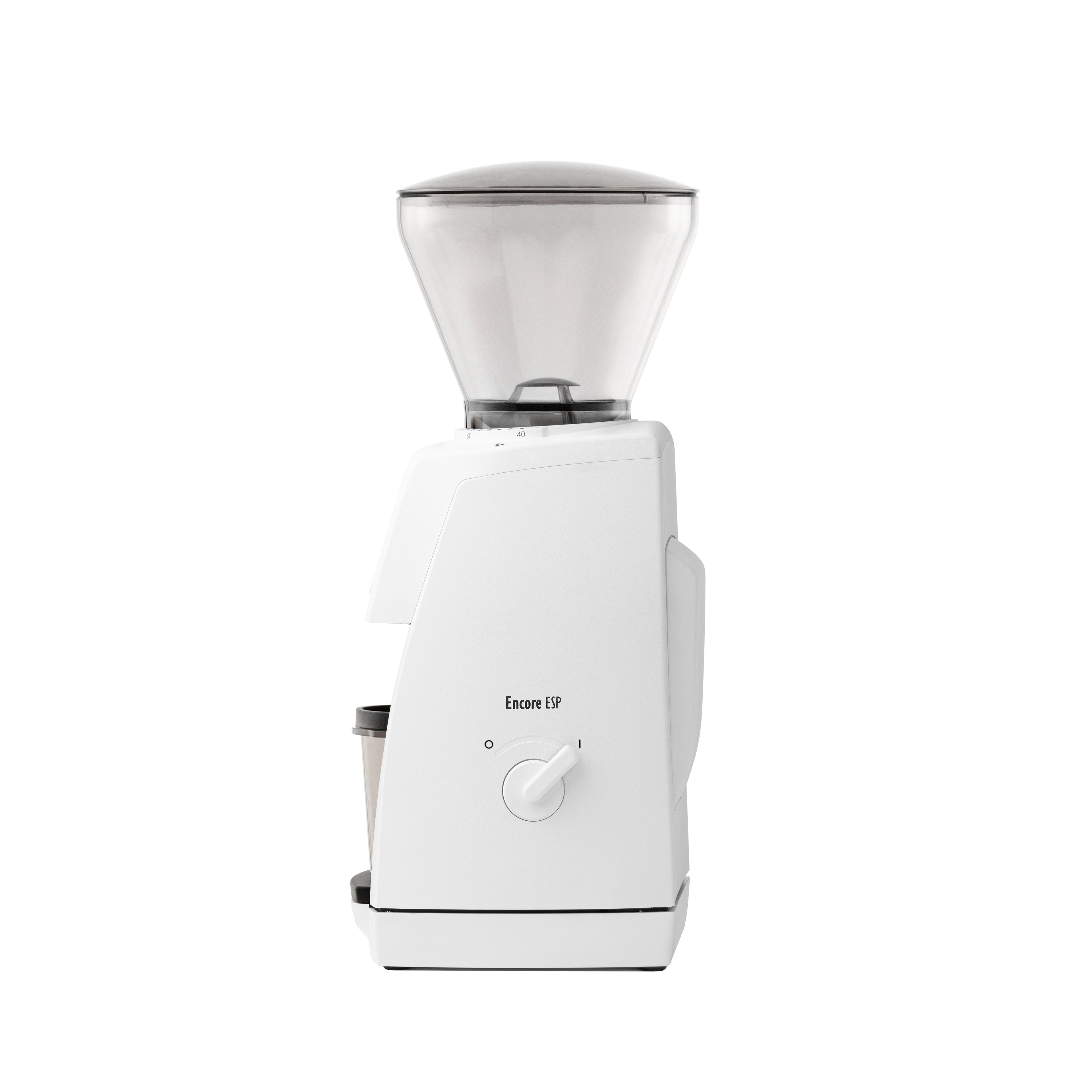 Side view of the white Baratza Encore ESP coffee grinder with clear bean hopper and included dosing cup, displayed against a white background.