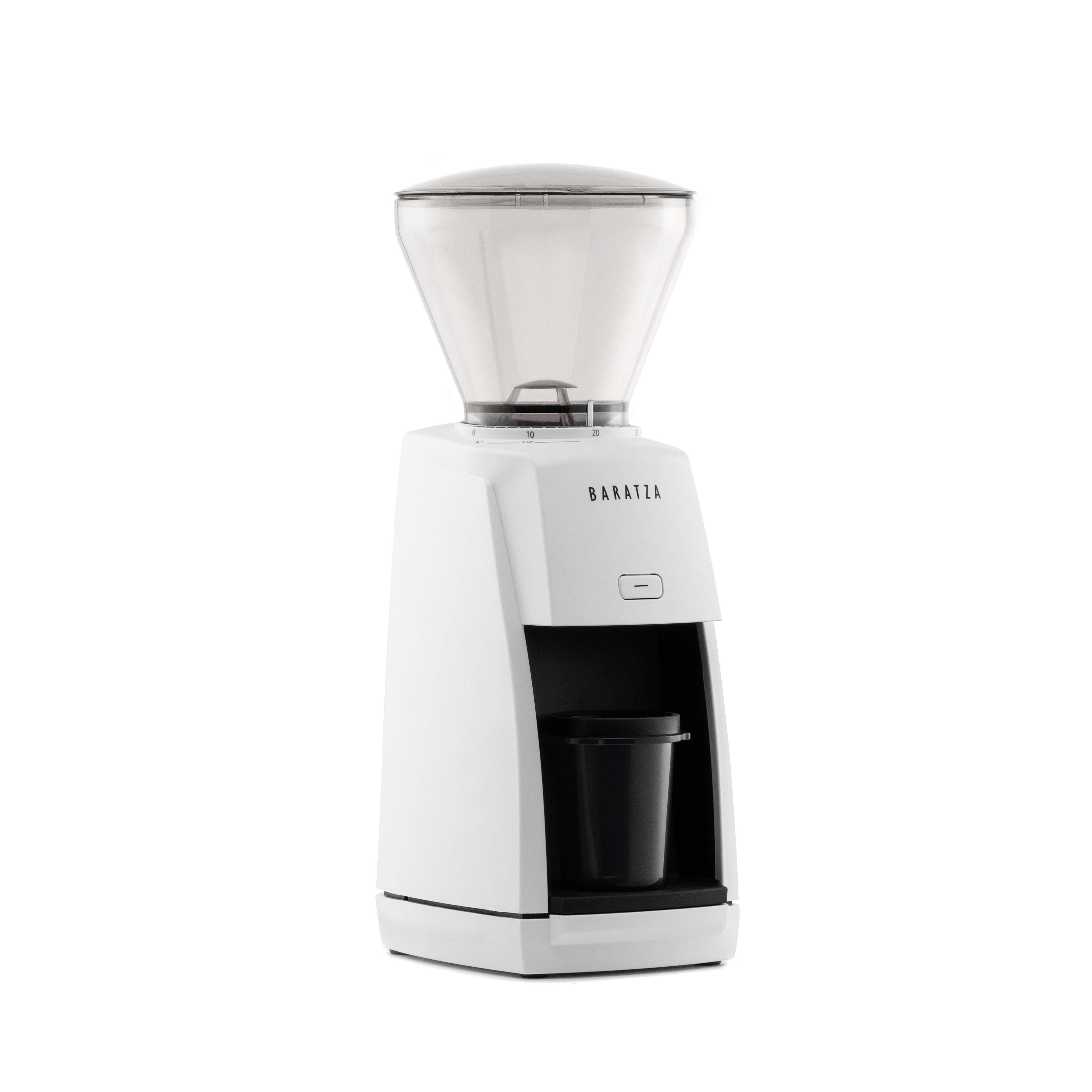 Three-quarter right view of the white Baratza Encore ESP coffee grinder with clear bean hopper and included dosing cup, displayed against a white background.
