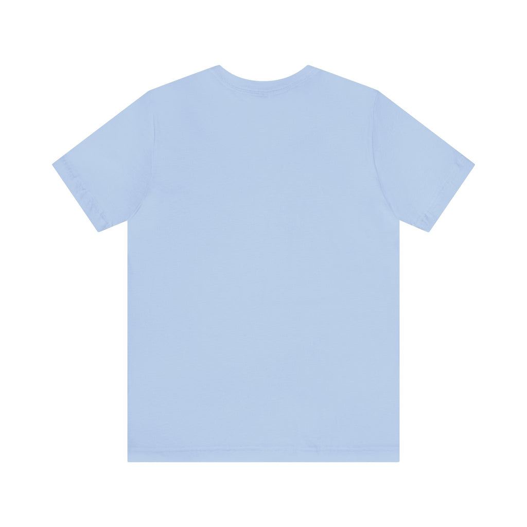 Light blue short-sleeve T-shirt shown from the back, laid flat against a white surface with no visible graphics or designs.