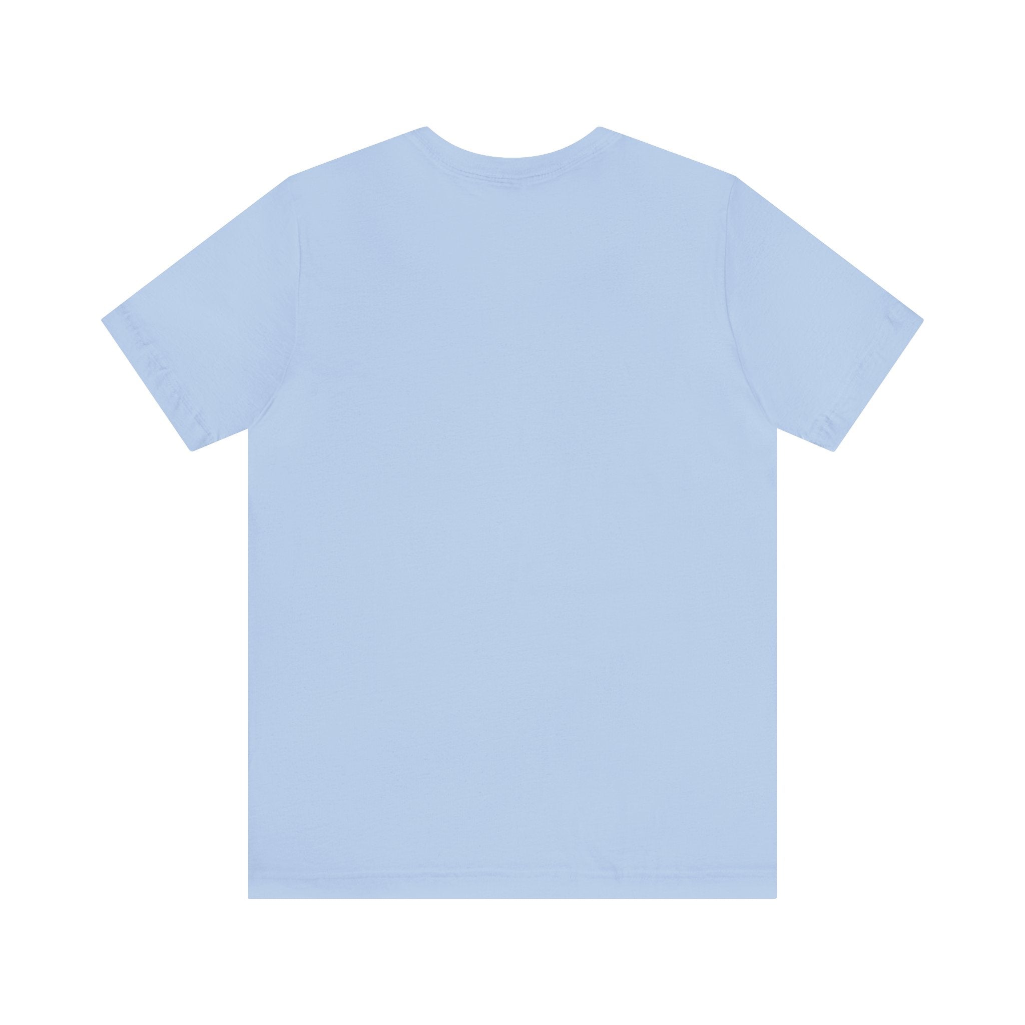 Light blue short-sleeve T-shirt shown from the back, laid flat against a white surface with no visible graphics or designs.