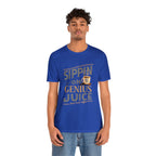 Adult man modeling a royal blue short-sleeve T-shirt featuring the “Sippin on Genius Juice” graphic in bold coffee-inspired lettering with a small mug illustration, shown against a plain white background.