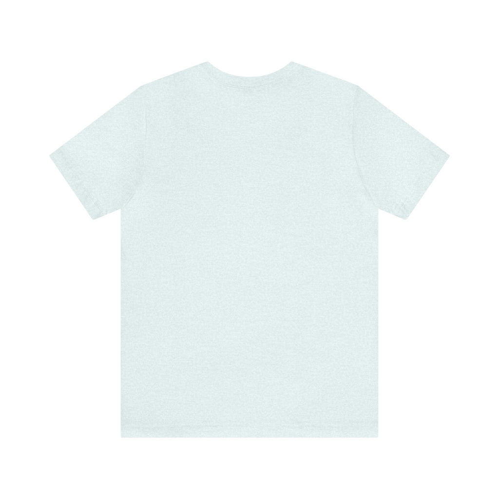 Light blue heather short-sleeve T-shirt shown from the back, laid flat on a white surface with a smooth plain design and no visible graphics.