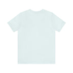 Light blue heather short-sleeve T-shirt shown from the back, laid flat on a white surface with a smooth plain design and no visible graphics.