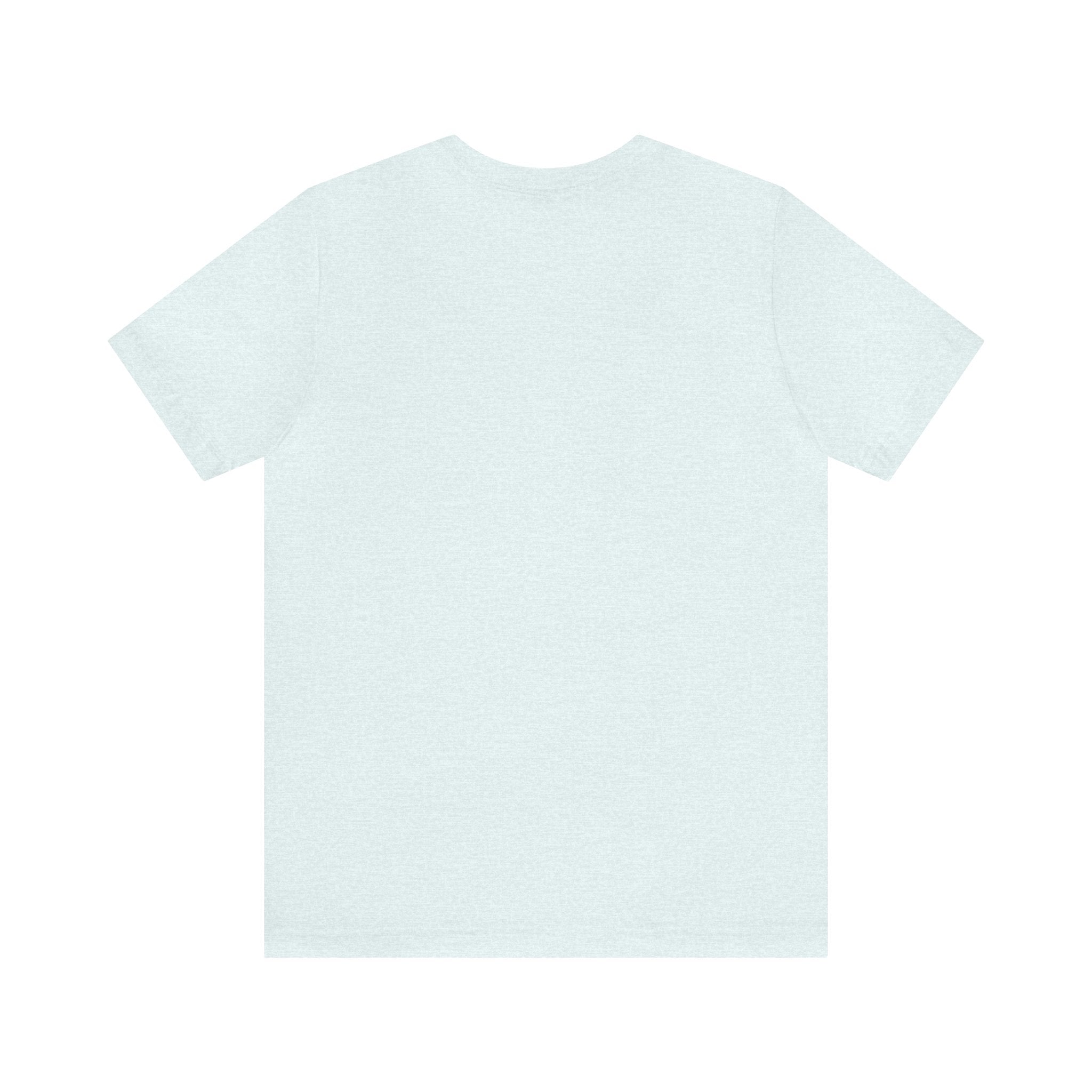 Light blue heather short-sleeve T-shirt shown from the back, laid flat on a white surface with a smooth plain design and no visible graphics.