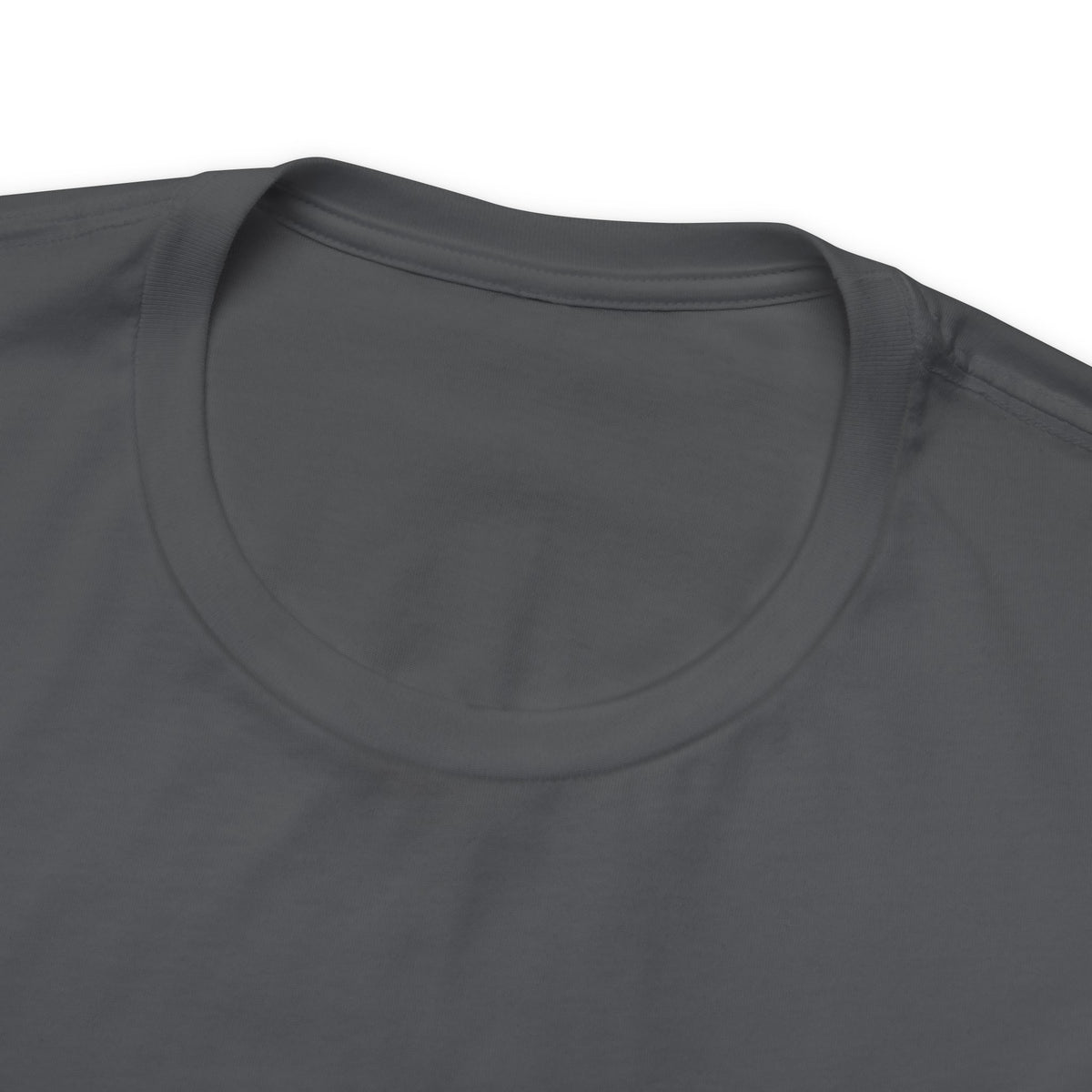 Close-up detail of an asphalt gray crew neck T-shirt showing the neckline, collar stitching, and upper chest area against a plain white background.