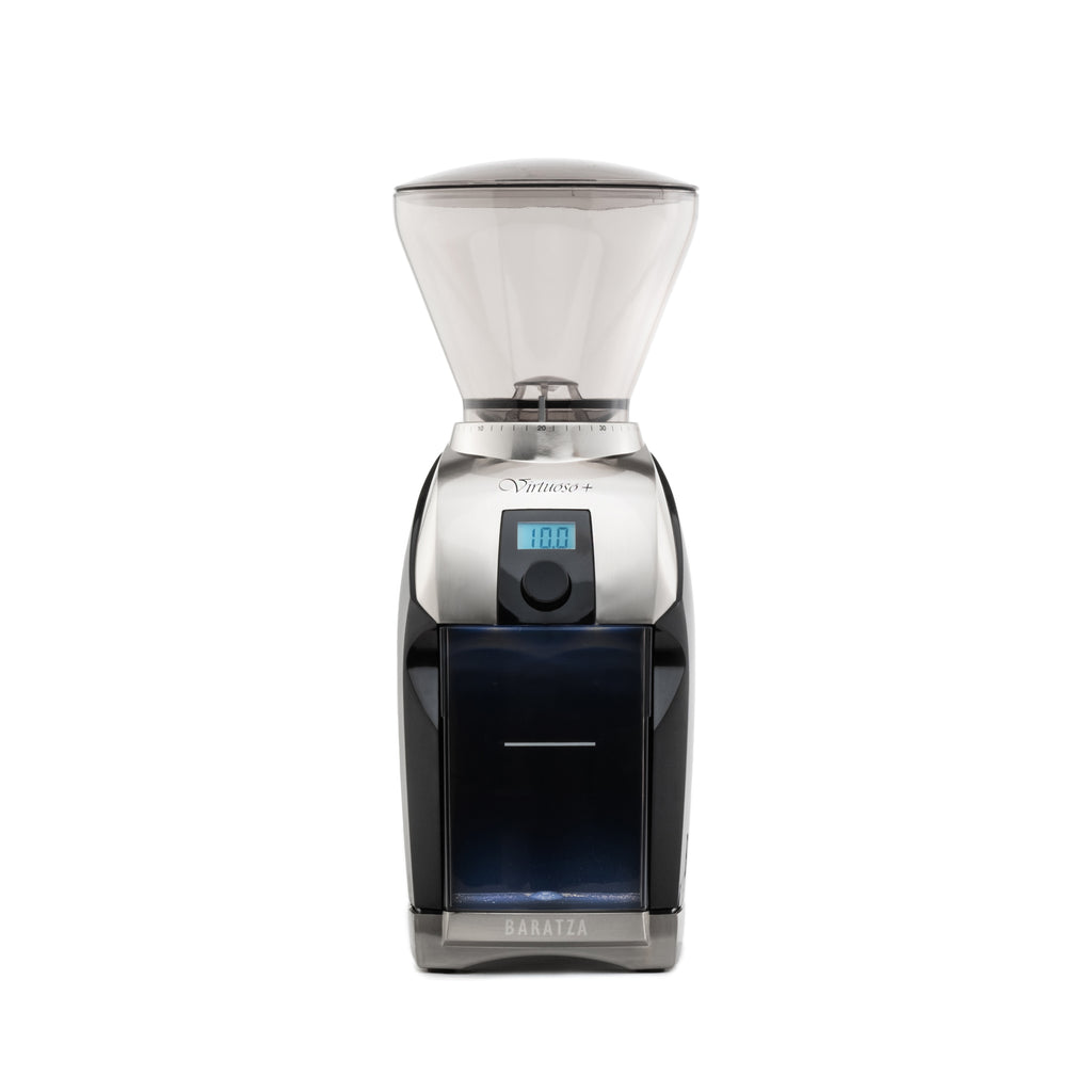 Front view of a Baratza Virtuoso Plus coffee grinder in black and stainless steel, featuring a clear bean hopper, grind size adjustment collar, digital timer display with control knob, and blue-tinted grounds bin on a white background.