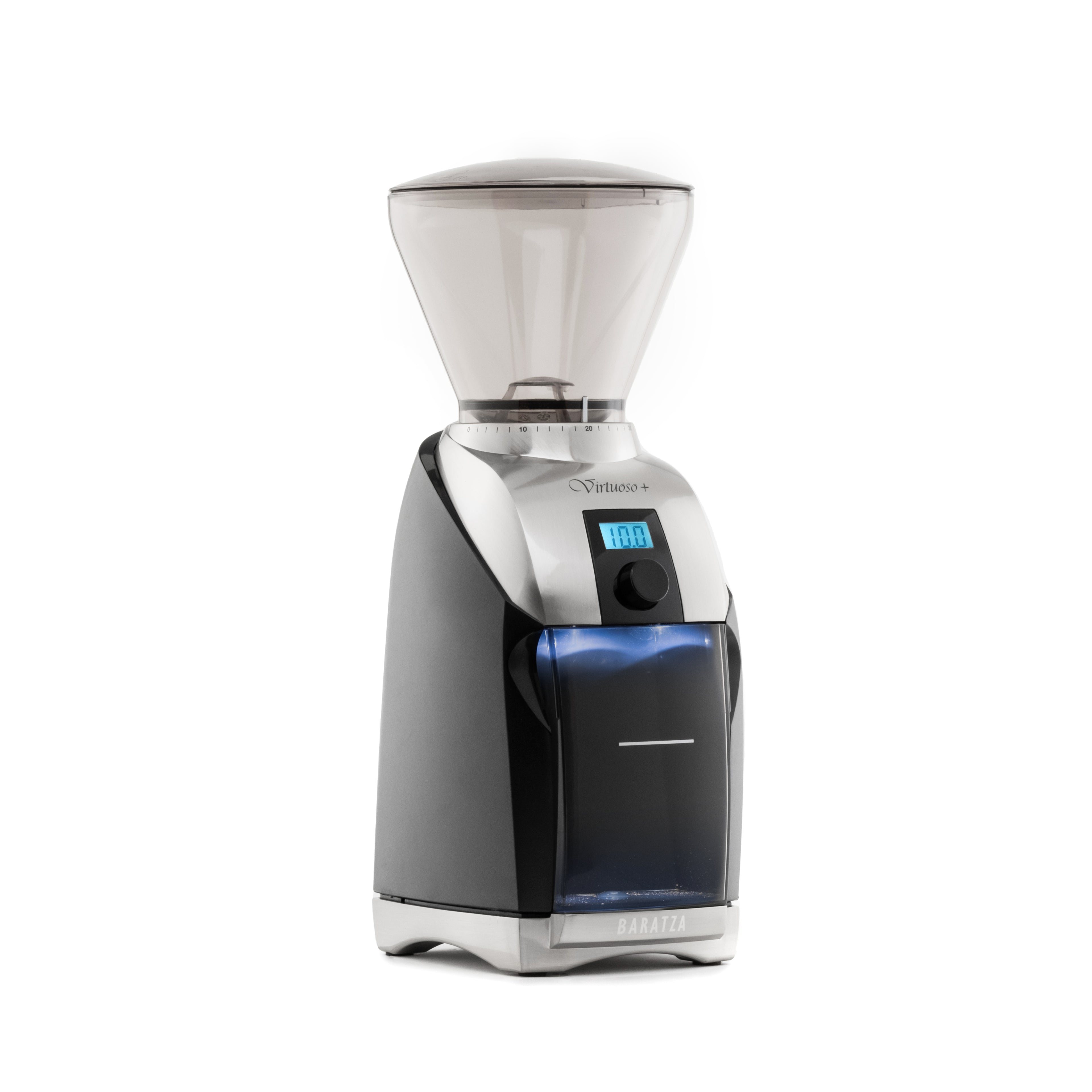 Three quarter left view of a Baratza Virtuoso Plus coffee grinder in black and stainless steel, featuring a clear bean hopper, digital timer display, front control knob, and blue-tinted grounds bin on a white background.