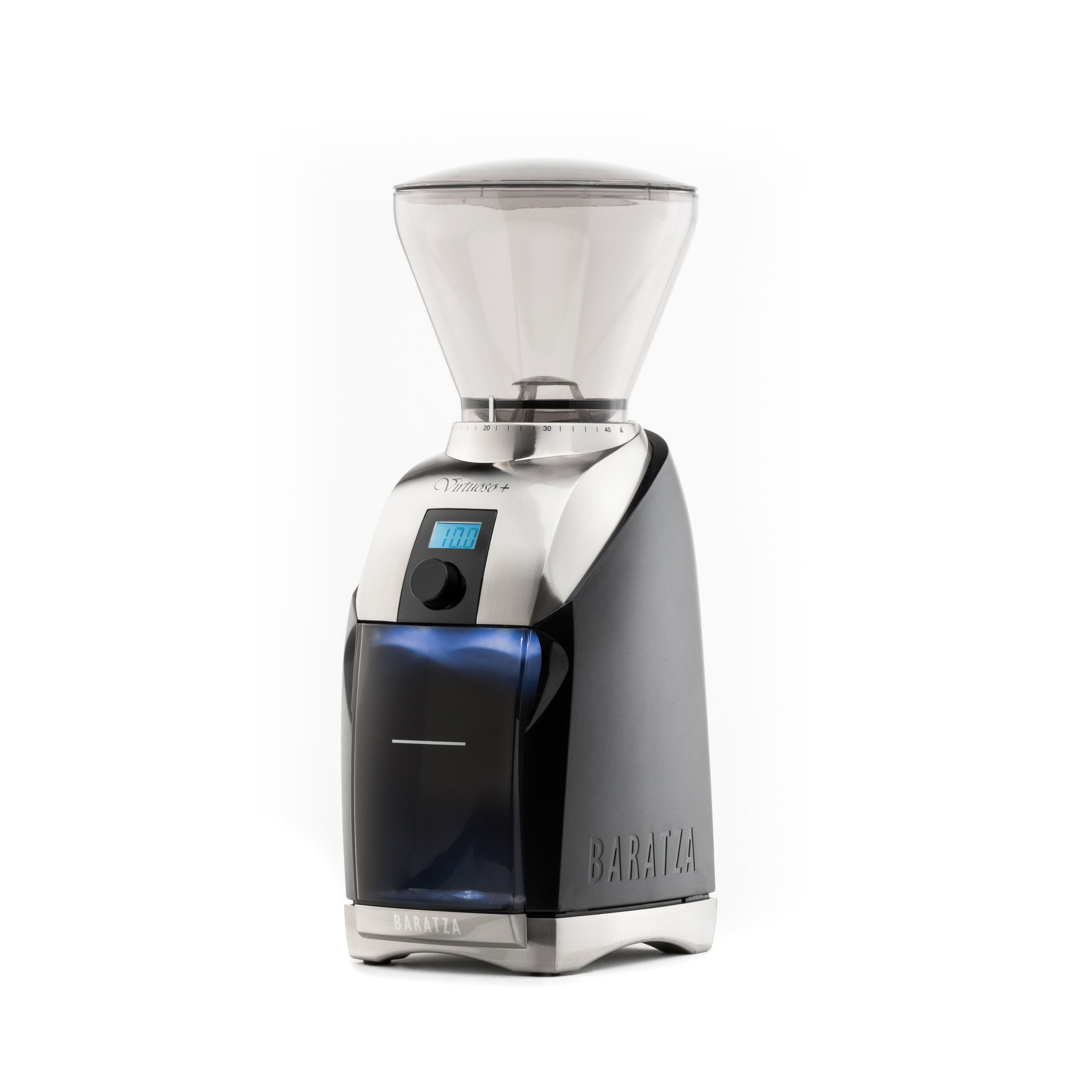 Three quarter front view of a Baratza Virtuoso Plus coffee grinder in black with stainless steel accents, clear bean hopper, digital timer display, and grounds bin, shown against a white background.