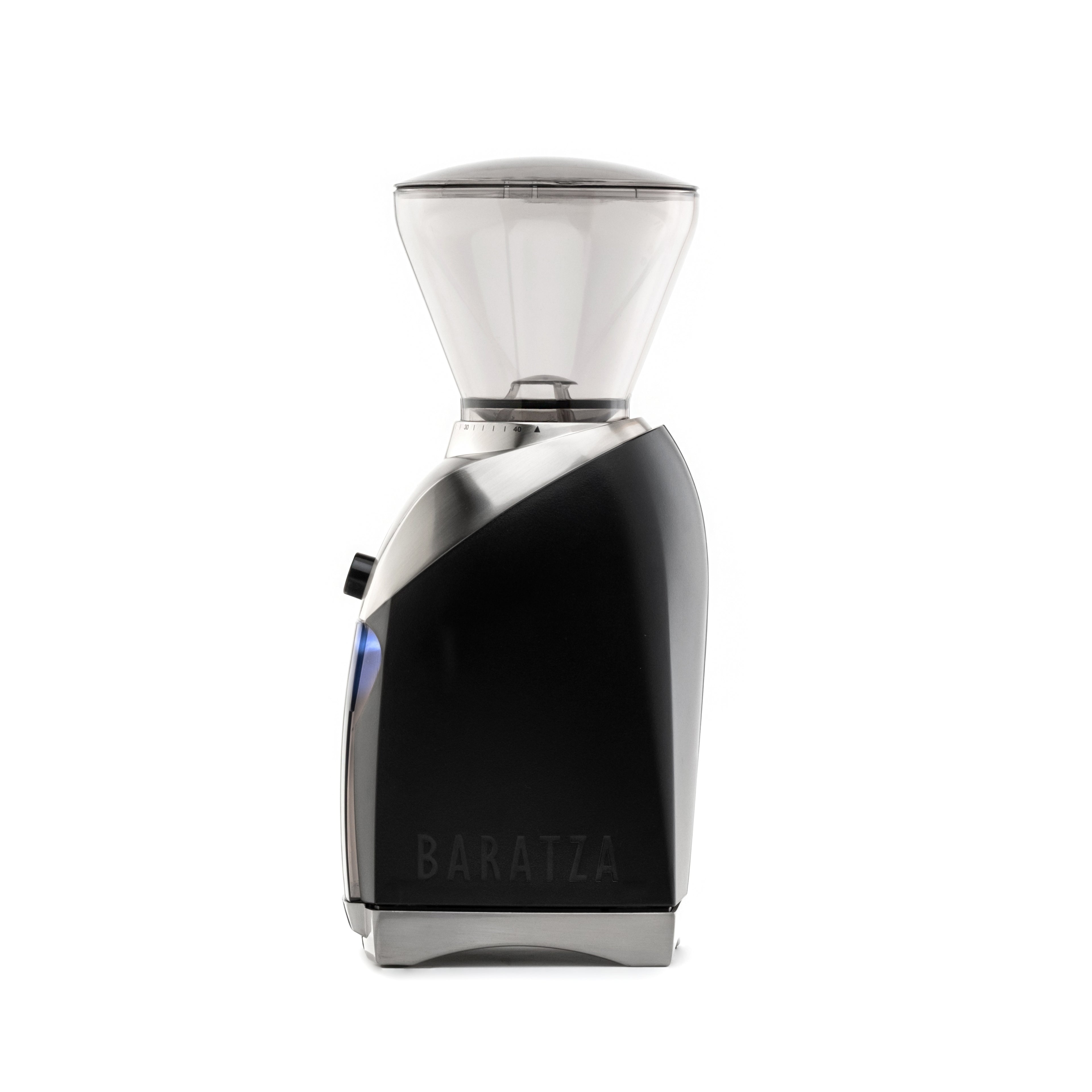 Side view of a Baratza Virtuoso Plus coffee grinder in black with stainless steel accents and clear bean hopper, displayed against a white background.