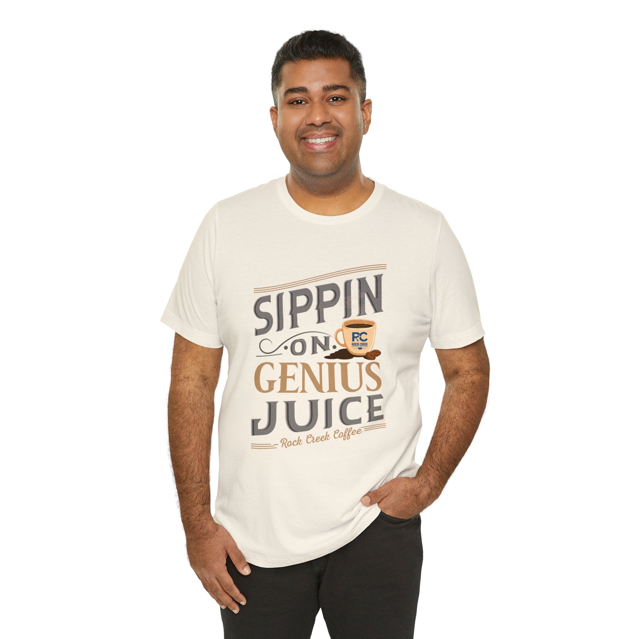 Men’s cream graphic T-shirt with “Sippin on Genius Juice” coffee slogan, modeled on a plain white background.