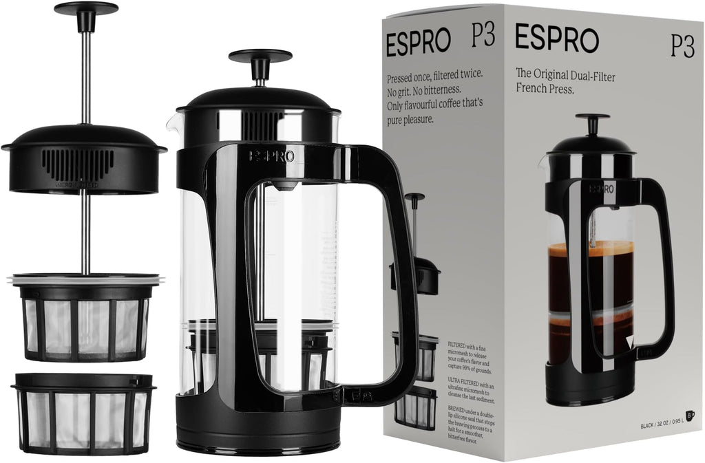ESPRO P3 French press coffee maker in black with glass carafe shown assembled beside its dual filter components and retail packaging box highlighting the original dual filter design.