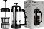 ESPRO P3 French press coffee maker in black with glass carafe shown assembled beside its dual filter components and retail packaging box highlighting the original dual filter design.