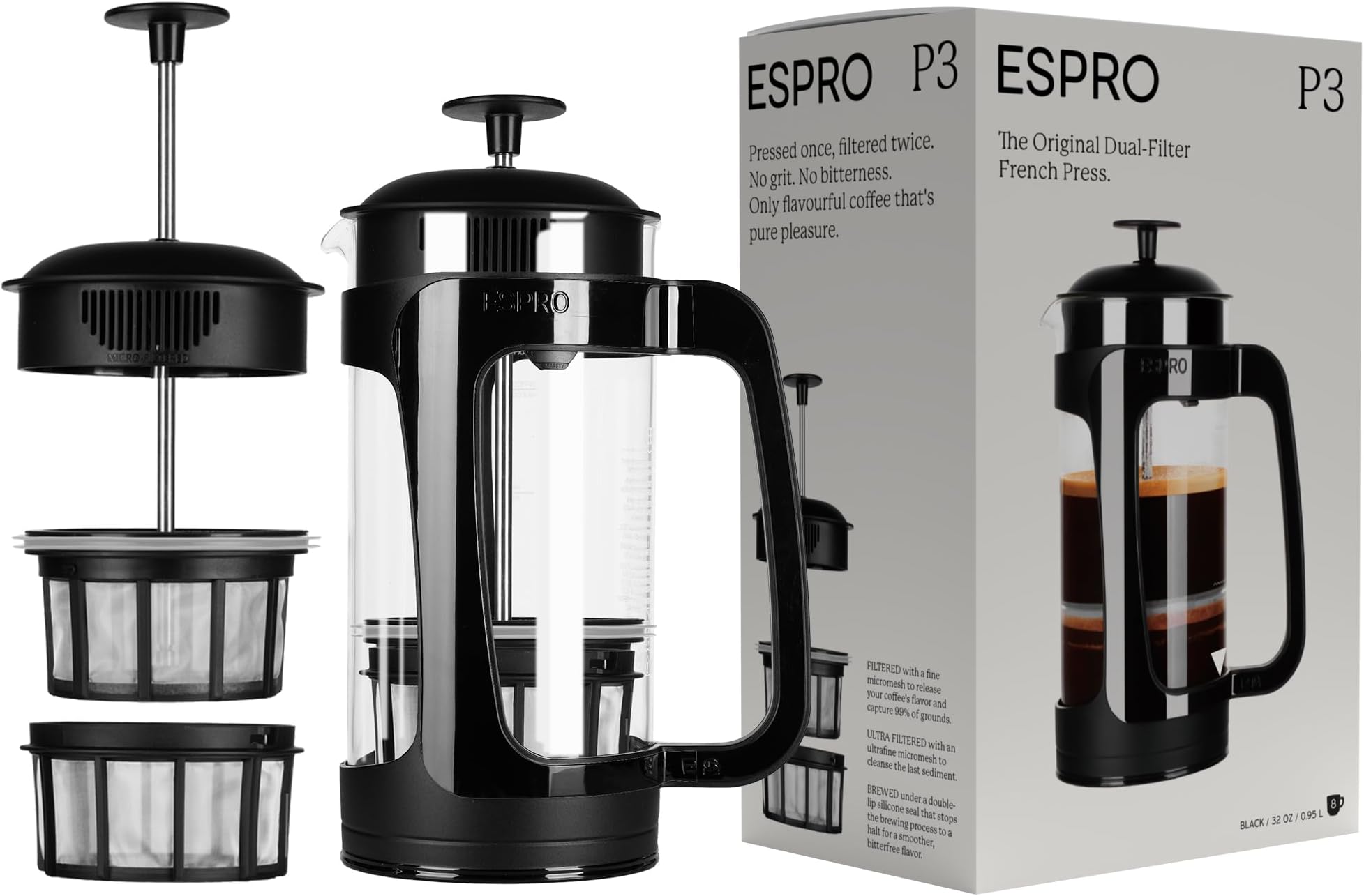 ESPRO P3 French press coffee maker in black with glass carafe shown assembled beside its dual filter components and retail packaging box highlighting the original dual filter design.