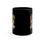 Back view of a black ceramic coffee mug with a glossy finish, showing partial side graphics of the Around the Corner from Ordinary Rock Creek Coffee design visible along the edges.