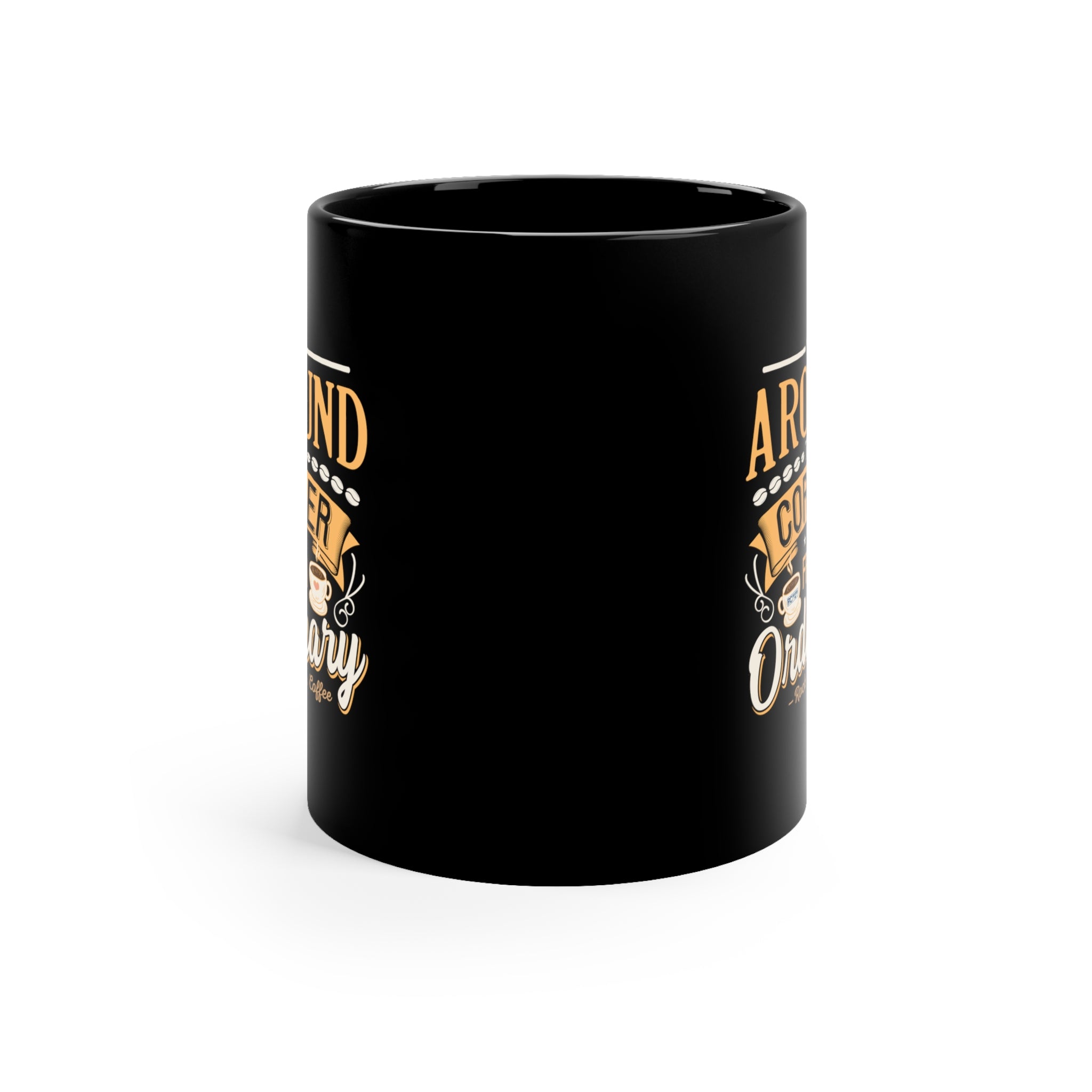 Back view of a black ceramic coffee mug with a glossy finish, showing partial side graphics of the Around the Corner from Ordinary Rock Creek Coffee design visible along the edges.