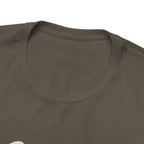 Detail view showing the crew neckline and shoulder area of an olive green short-sleeve T-shirt on a white background, focusing on fabric texture and stitching.