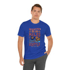 Men’s royal blue Seattle coffee graphic tee with “Roasted 818 Miles East of Seattle” artwork, modeled on a white studio background.