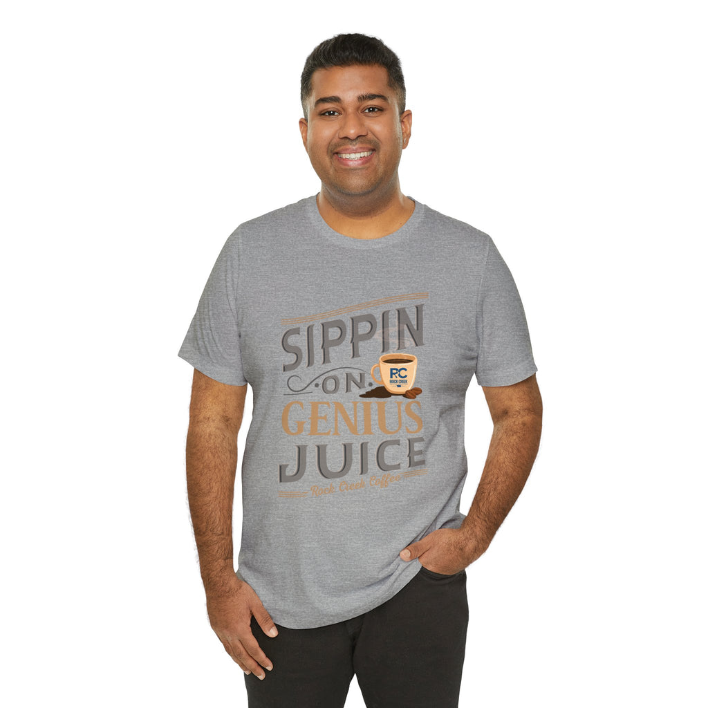 Men’s heather gray coffee graphic T-shirt with “Sippin on Genius Juice” slogan, modeled on a clean white background.