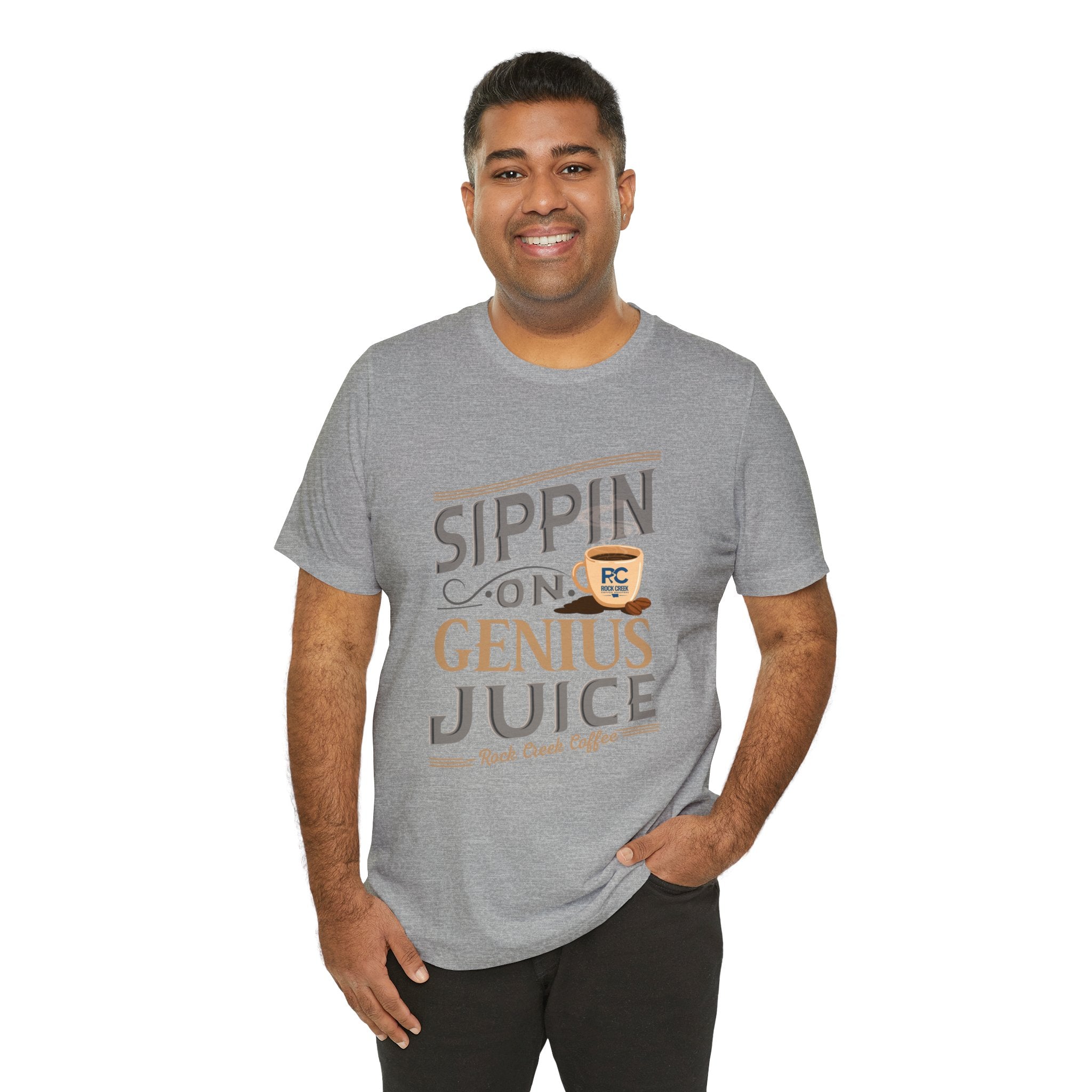 Men’s heather gray coffee graphic T-shirt with “Sippin on Genius Juice” slogan, modeled on a clean white background.