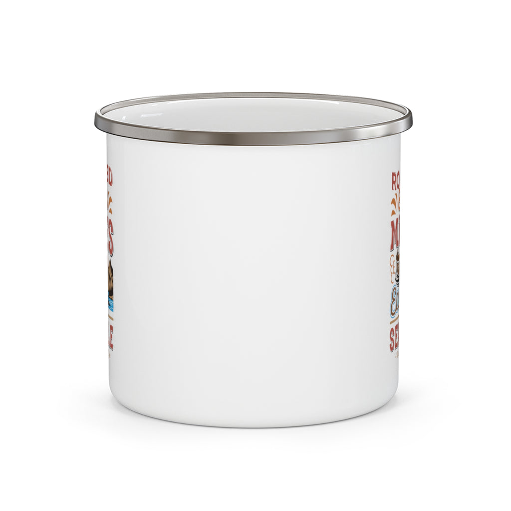 Back view of a white enamel-style coffee mug with silver rim, showing a blank side without printed design, displayed against a white background.