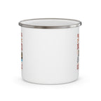 Back view of a white enamel-style coffee mug with silver rim, showing a blank side without printed design, displayed against a white background.