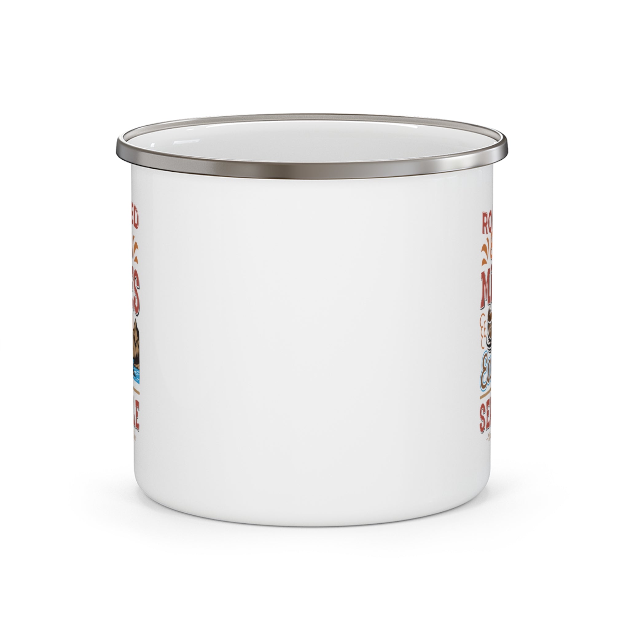 Back view of a white enamel-style coffee mug with silver rim, showing a blank side without printed design, displayed against a white background.