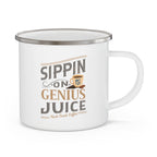 White enamel-style coffee mug with silver rim and handle featuring the phrase “Sippin on Genius Juice - Rock Creek Coffee” in gray and tan lettering with a small coffee cup illustration, displayed against a white background.