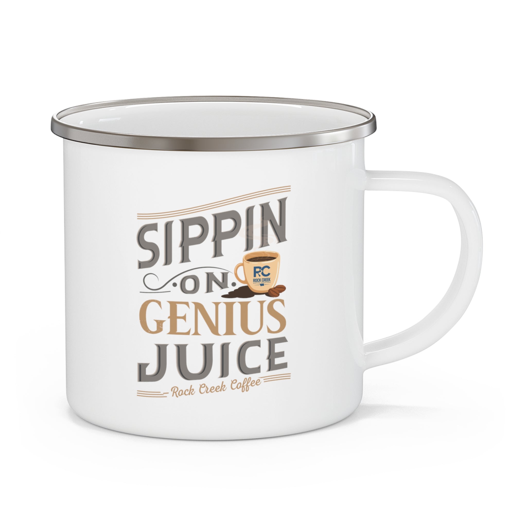 White enamel-style coffee mug with silver rim and handle featuring the phrase “Sippin on Genius Juice - Rock Creek Coffee” in gray and tan lettering with a small coffee cup illustration, displayed against a white background.