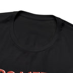 Close-up view of a black crew neck T-shirt showing the upper portion of the “Roasted 818 Miles East of Seattle” graphic, displayed against a plain white background.