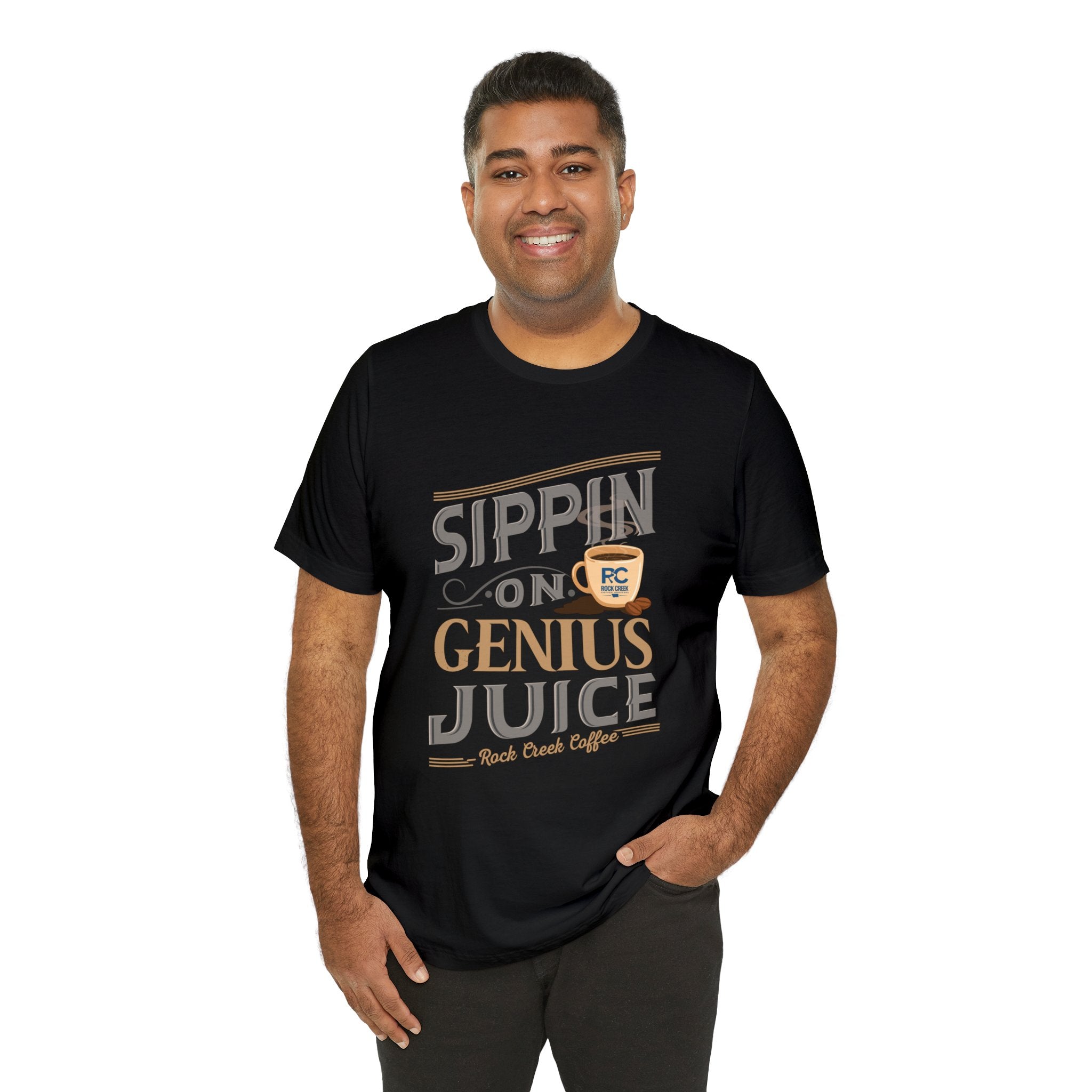Men’s black coffee graphic T-shirt with “Sippin on Genius Juice” slogan, modeled on a clean white background.
