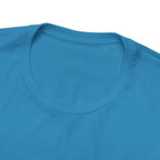 Close-up detail of an aqua crew neck T-shirt showing the neckline, collar stitching, and upper chest area against a plain white background.