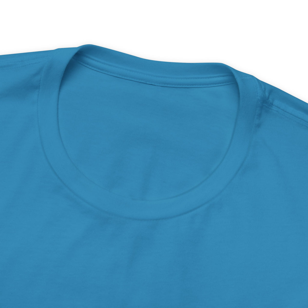 Close-up detail of an aqua crew neck T-shirt showing the neckline, collar stitching, and upper chest area against a plain white background.