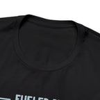 Close-up image of a black crew neck T-shirt highlighting the neckline and upper chest area, with the top portion of the “Fueled by Coffee and Dad Jokes” graphic partially visible, displayed against a plain white background.