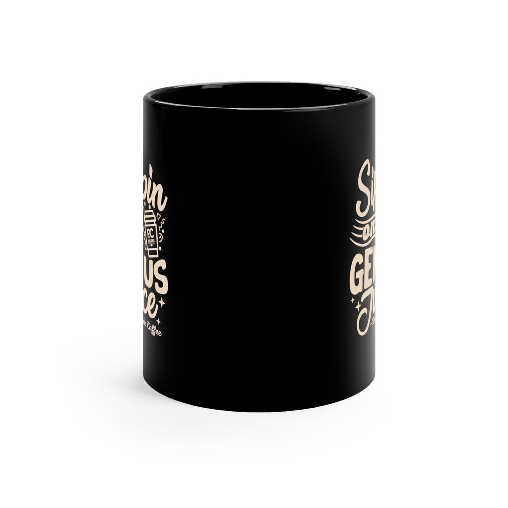 Black ceramic coffee mug shown from the back side with partial “Sippin on Genius Juice Rock Creek Coffee” design visible along both edges against a clean white background.