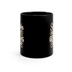 Black ceramic coffee mug shown from the back side with partial “Sippin on Genius Juice Rock Creek Coffee” design visible along both edges against a clean white background.