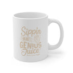 White ceramic Rock Creek Coffee mug featuring the phrase “Sippin on Genius Juice” in soft beige lettering with a small RC to go cup graphic on a clean white background.