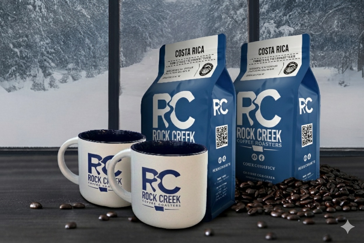 Two Rock Creek Coffee Roasters Costa Rica whole bean coffee bags displayed beside two white RC logo mugs, with roasted coffee beans scattered on a dark tabletop and a snowy mountain landscape visible through large windows in the background.