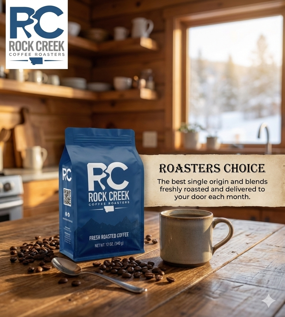 Rock Creek Coffee Roasters “Roasters Choice” whole bean coffee bag displayed on a rustic wooden table with scattered coffee beans, a spoon, and a ceramic mug, set inside a cozy cabin kitchen with a snowy view through the window and promotional text about monthly fresh-roasted delivery.