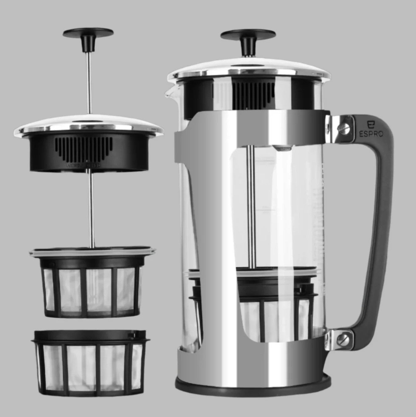 Stainless steel and glass French press coffee maker with handle shown assembled on the right and its plunger and dual micro filter components displayed separately on the left against a light gray background.