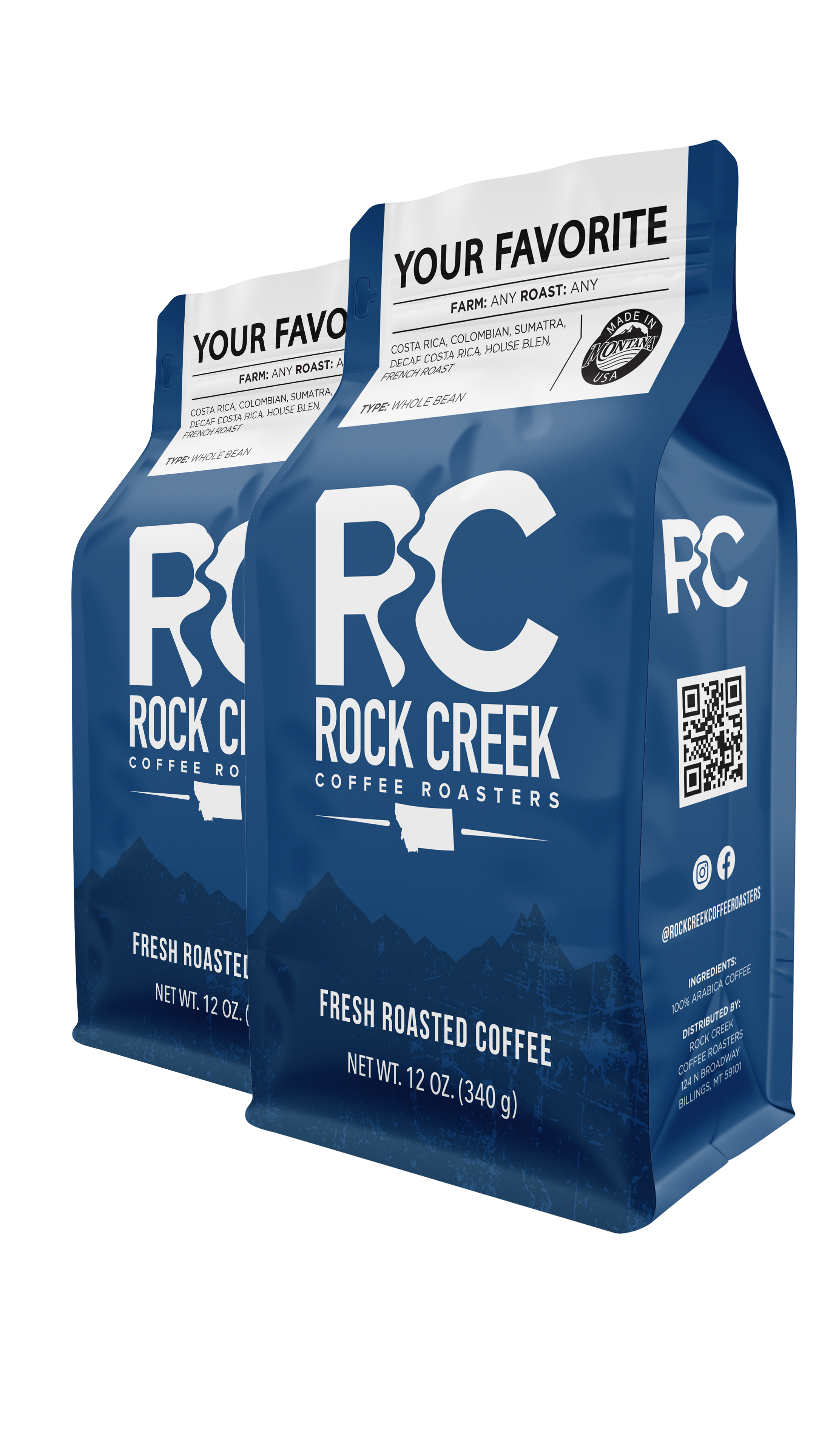 Two blue 12-oz bags of Rock Creek Coffee Roasters whole bean coffee labeled “Your Favorite,” featuring the RCC logo and Montana-inspired mountain design