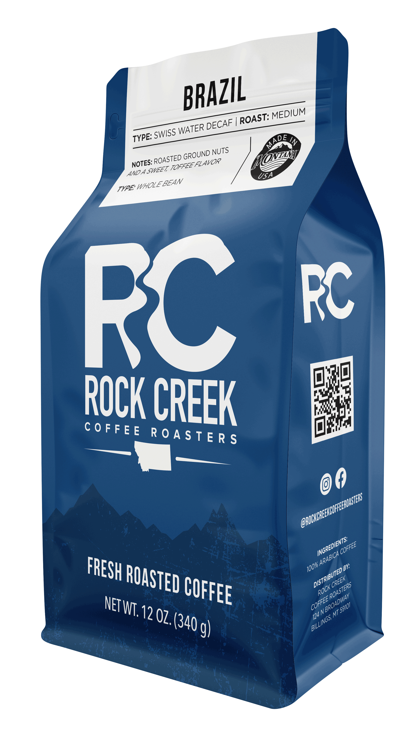 Rock Creek Coffee Roasters Brazil Swiss Water Decaf medium roast whole bean coffee bag, 12 oz, featuring tasting notes of roasted ground nuts and sweet coffee flavor, displayed against a white background.