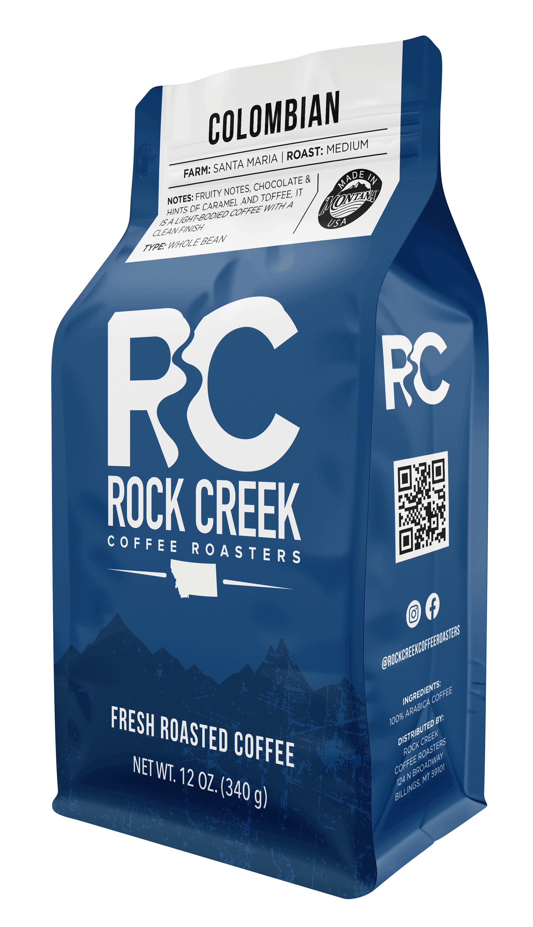 Rock Creek Coffee Roasters Colombian Santa Maria medium roast whole bean coffee in a 12 oz blue bag, featuring tasting notes of fruity, chocolate, caramel, and toffee, isolated on a white background.