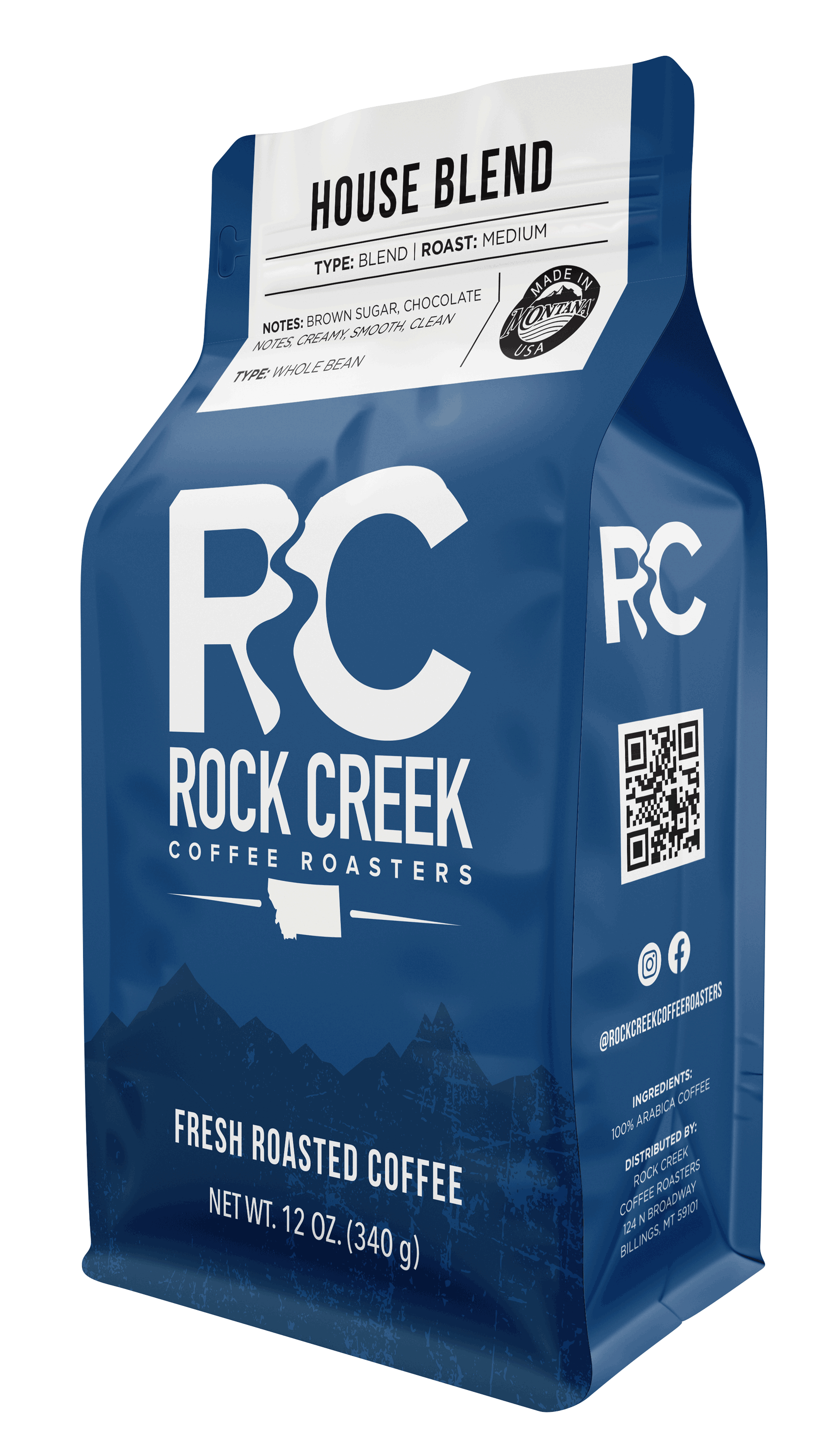 Rock Creek Coffee Roasters House Blend medium roast whole bean coffee bag featuring brown sugar and chocolate notes, shown in a blue 12 oz package with RC logo and Montana emblem on a white background.