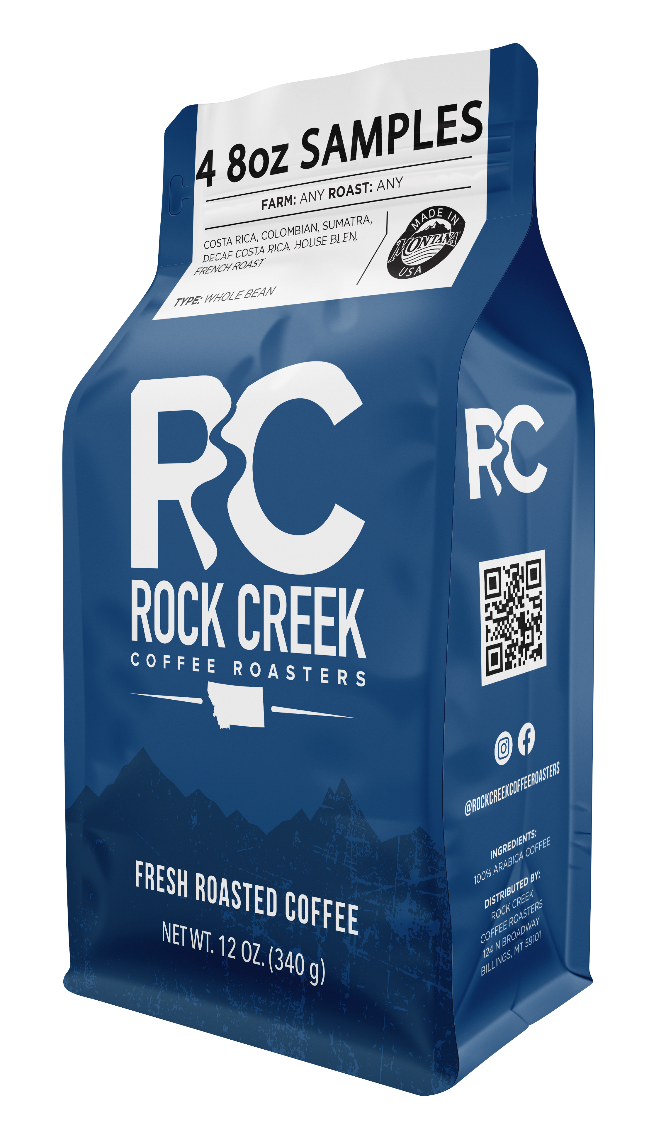 Rock Creek Coffee Roasters 4 eight ounce sample pack in a blue bag featuring whole bean options from multiple origins and roast levels