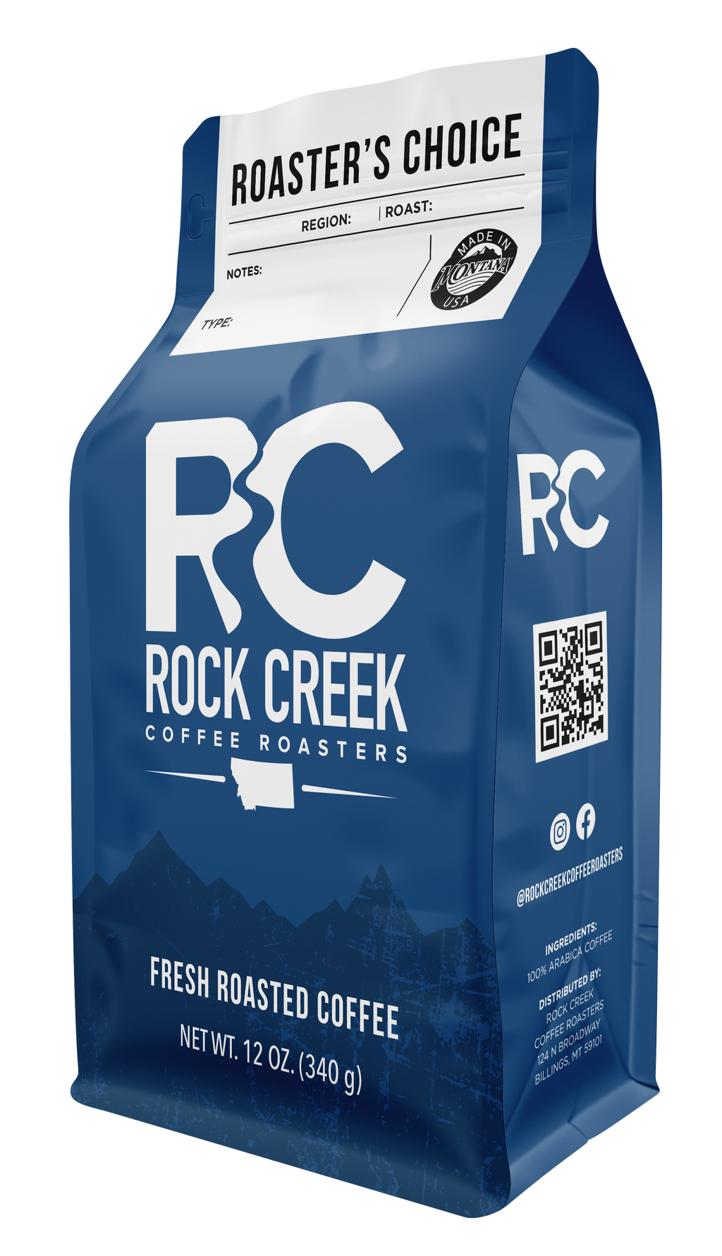 Rock Creek Coffee Roasters “Roaster’s Choice” whole bean coffee bag, 12 oz, featuring a blue package design with RC logo, customizable region and roast fields, and “Fresh Roasted Coffee” label.