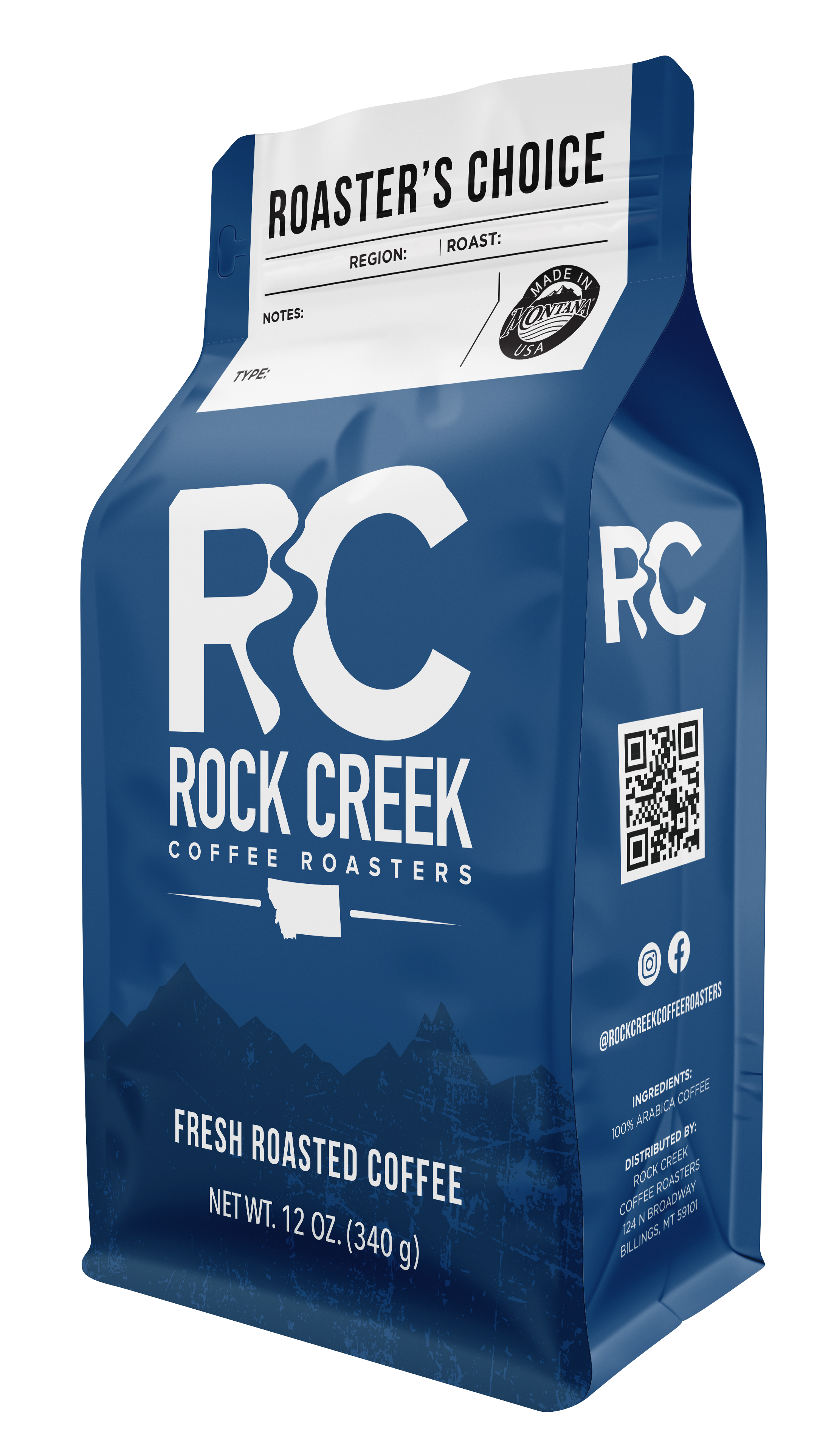 Rock Creek Coffee Roasters “Roaster’s Choice” whole bean coffee bag, 12 oz, featuring a blue package design with RC logo, customizable region and roast fields, and “Fresh Roasted Coffee” label.