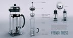 Diagram of a French press coffee maker with labeled parts including plunger, lid, spiral plate filter, filter screen, filter cross plate, carafe, handle, and metal holder, plus front, back, and top views and basic brewing instructions.